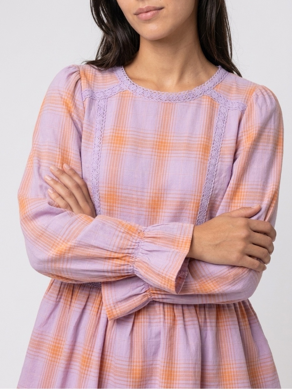 Ces Femme Lavender & Orange Plaid Peplum Blouse